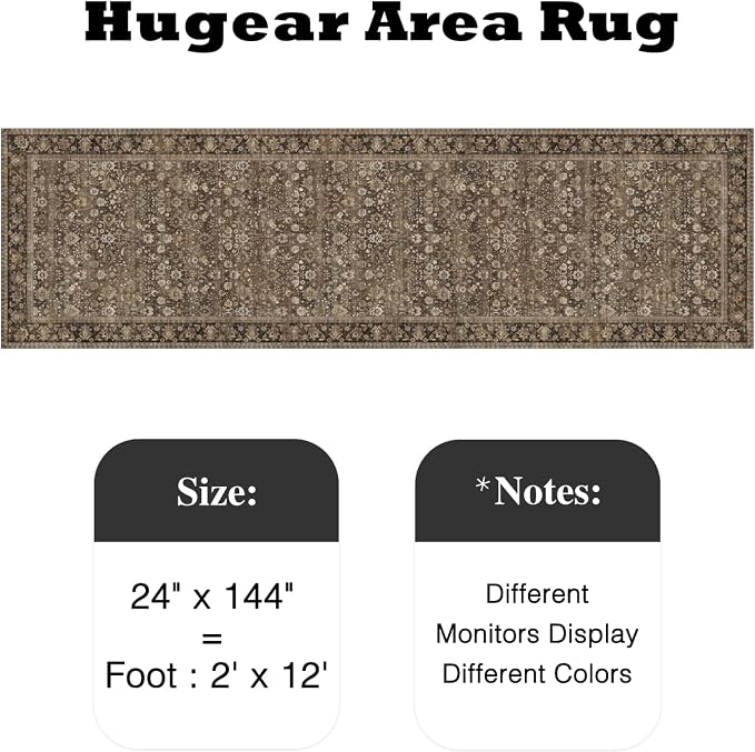 HUGEAR 2x12 Runner Rug Machine Washable Brown Hallway Area Rug Indoor Accent Rug Floral Low Pile Carpet Soft Throw Rug Bedroom Living Room Office Dining Room Kitchen Laundry Room Non Slip