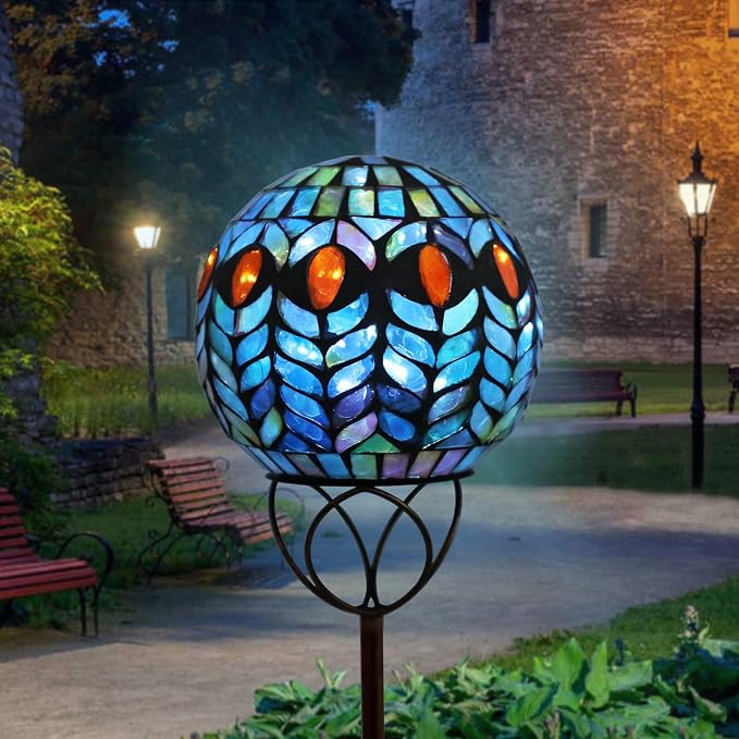 VCUTEKA Decorative Solar Garden Lights, 6" Mosaic Globe Outdoor Stake | Mosaic Glass Design with Solar Light, Weather Resistant, Auto On/Off and Metal Stake Design For Lawn and Patio, Red & Blue