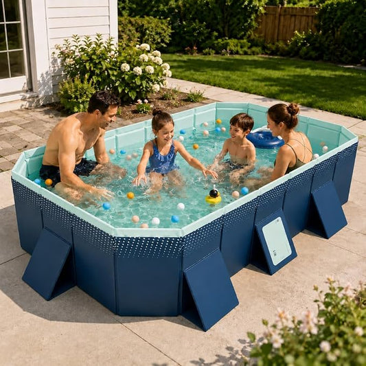100.78-Inch Foldable Swimming Pool, Blue Non-Inflatable Rectangular Pool for 4-6 People, 4-Layer Composite PVC, Aluminum Alloy Frame, Dual Drains for Backyard Summer Fun