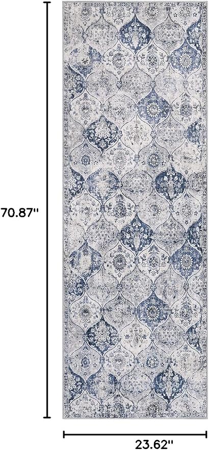 Lahome Moroccan Washable Runner Rug, 2x6 Blue Kitchen Runners for Hallways | Non Slip Trellis Vintage Laundry Room Ultra-Thin Carpet for Bathroom Bedroom Entryway Elise, White Royal Blue