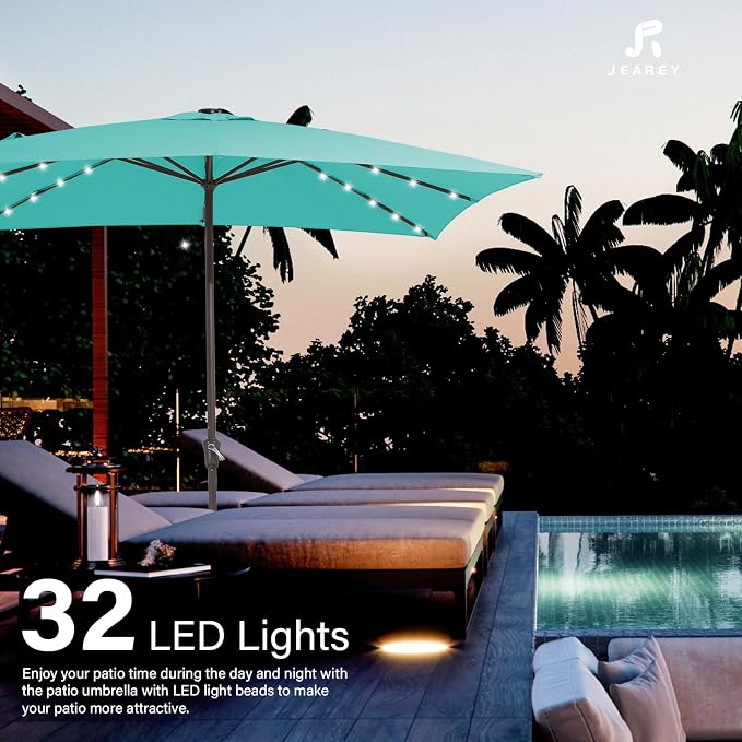 JEAREY 8x10 ft Rectangular LED Lighted Patio Umbrellas Outdoor Solar Table Market Umbrella w/Crank, 8 Sturdy Ribs, UV Protection Waterproof Sunproof(Teal)