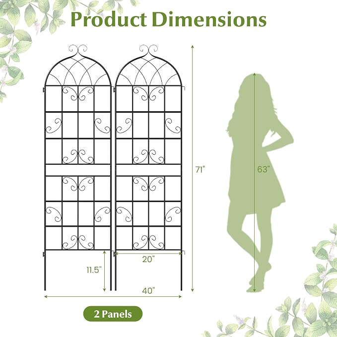 Giantex 2 Packs 71"x20" Metal Garden Trellis for Outdoor Climbing Plants, Heavy-Duty Plant Support for Vine Rose Vegetable Flower, Rustproof Black Metal Coating Patio Trellis Arch Decorative Fence