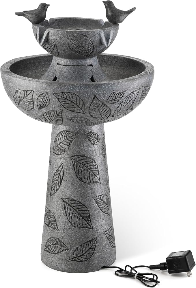 Glitzhome Outdoor Water Fountain with Lights & Pump, 26" H 2-Tiered Polyresin Bird Bath Fountain Floor-Standing Water Feature Waterfall Fountain for Garden, Yard, Patio, Home Decor
