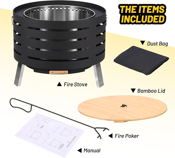 30 Inch Smokeless Outdoor Fire Pit, Outdoor Firepit Table with Removable Ash Pan,Bamboo Lid, Rainproof Cover,Portable Metal Firepit for Patio, Backyard, Camping