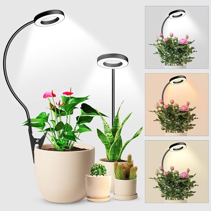 wolezek 2 in 1 Grow Lights for Indoor Plants, 3 Colors Plant Lights for Indoor Growing with 360° Gooseneck, 48 LEDs Full Spectrum Plant Grow Lights Indoor, 6/12/16H Timer, 5 Brightness, Black 2 Pack
