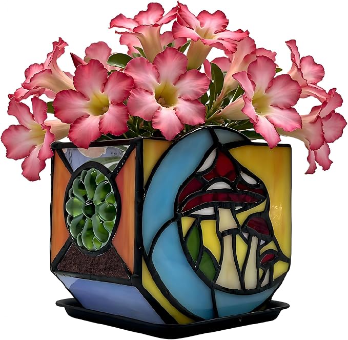 Stained Glass Moon Mushroom Planter, Indoor Decorative Plant Pot with Drainage, Mushroom gifts4.6x3x5.15 Inches