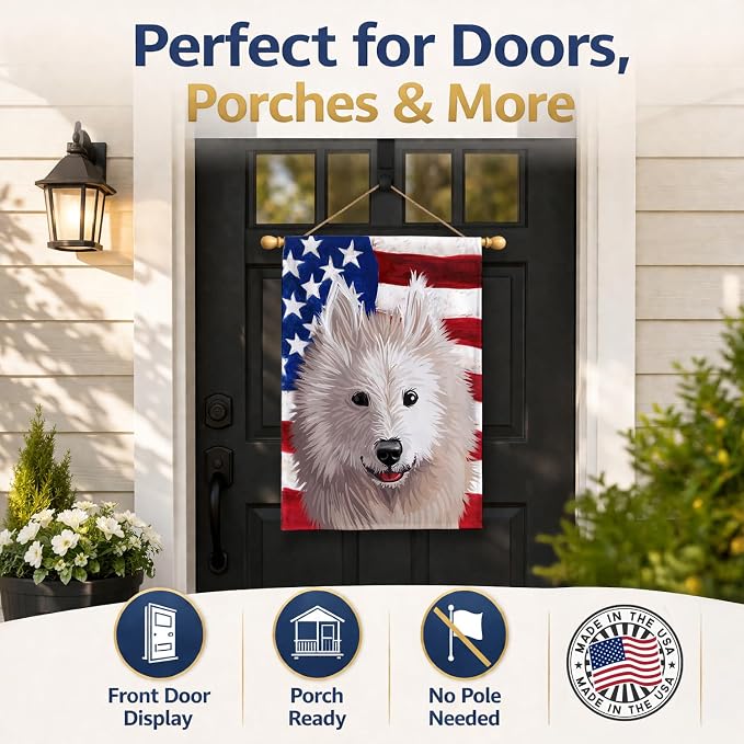 Caroline's Treasures CK6687CHF Samoyed Dog American Flag House Flag Large Porch Sleeve Pole Decorative Outside Yard Banner Artwork Wall Hanging, Polyester, House Size, Multicolor