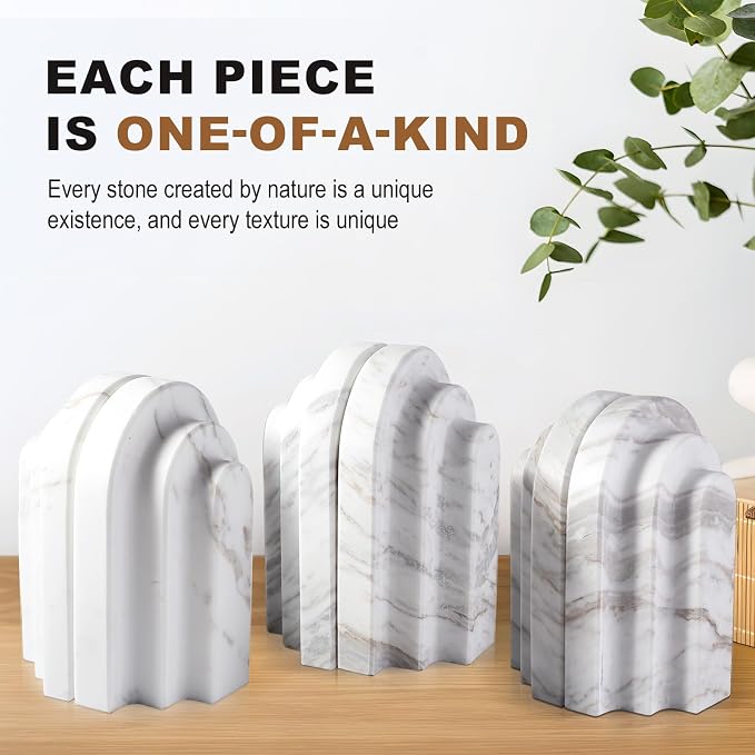Natural Marble Book Ends - Heavy Duty Bookends for Shelves - Aesthetic Layered Arch Design Stone Book Holders, Modern Office Bookshelf Stopper Decor for Books/CDs (Volakas)