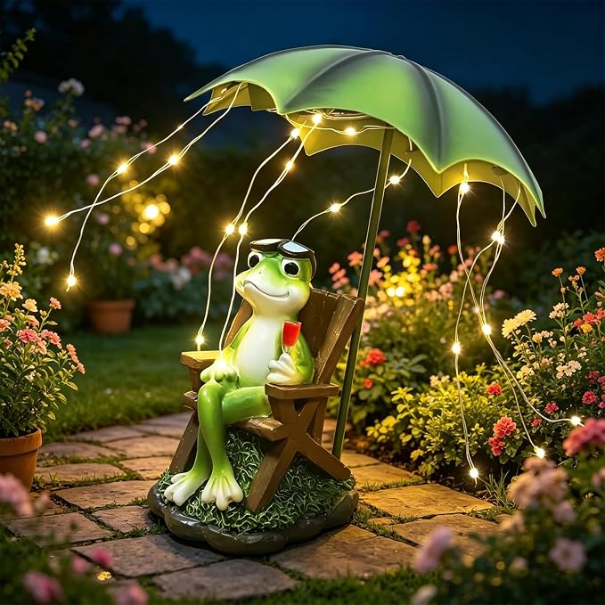 Solar Frog Outdoor Garden Statues Yard Decor - Solar Lantern LED Red Wine Frogs Umbrella Figurine with Lights Waterproof, Animal Statue Decoration Ornaments for Patio/Lawn Balcony/Backyard/Home