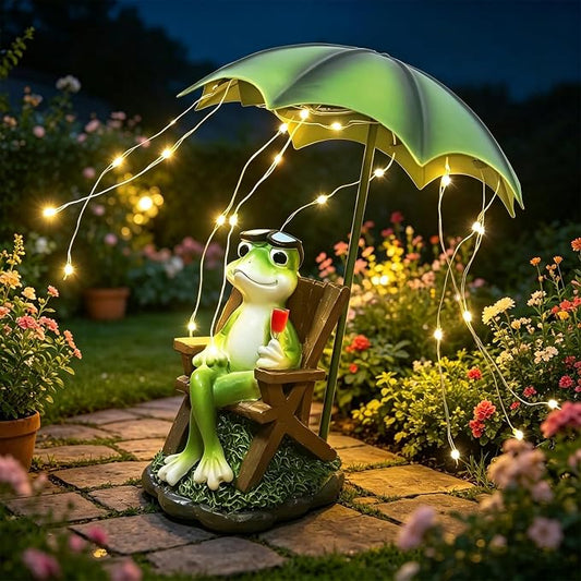Solar Frog Outdoor Garden Statues Yard Decor - Solar Lantern LED Red Wine Frogs Umbrella Figurine with Lights Waterproof, Animal Statue Decoration Ornaments for Patio/Lawn Balcony/Backyard/Home
