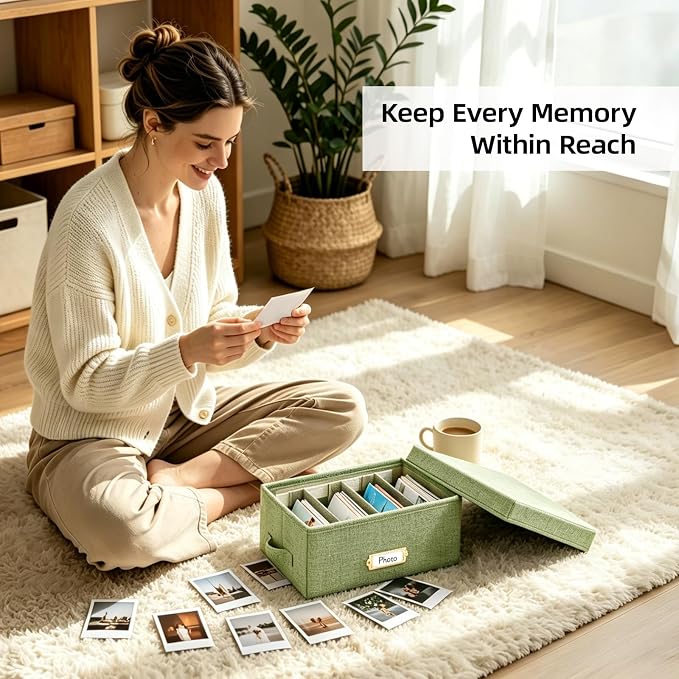 Linen Photo Storage Box with Adjustable Hook and Loop Dividers, Holds 850 4"x6" Photos, Collapsible Picture Organizer with Handle and Label Stickers, Memory Keepsake Box for Women, Grass Green