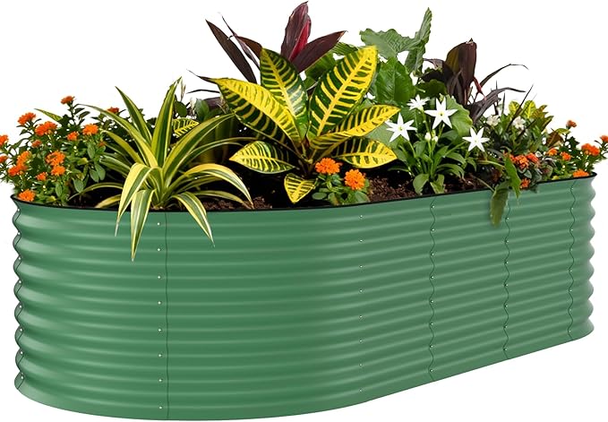 Garvee 8x4x2ft Galvanized Raised Garden Bed, Oval Metal Planter Box with Anti-Cut Safety Edges, 479 Gallons Rust-Resistant Deep Root Planter for Outdoor Vegetables, Flowers, Herbs, Green