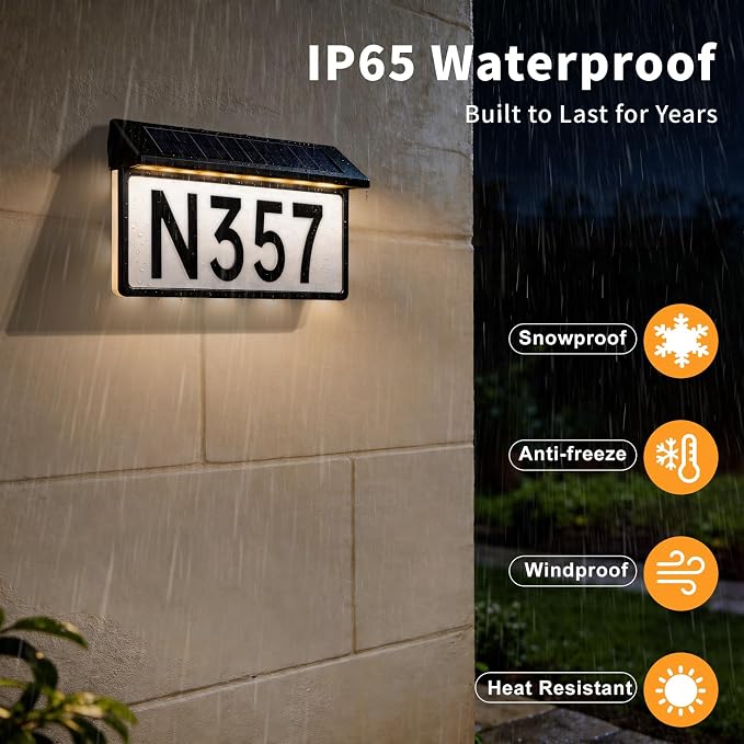 Solar House Numbers Sign, 56 LEDs 3-Color Adjustable (Warm/Cool/Natural White), IP65 Weatherproof, 2000mAh Battery Solar Address Sign for Home Mailbox Driveway Garden