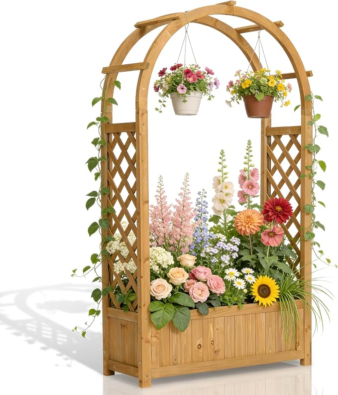VINGLI Raised Garden Bed with Trellis & Hanging Roof, Wooden Planter Box with Drainage Holes for Outdoor Climbing Plants Vegetables Flowers, Patio Yard Balcony (Natural, Arched top)