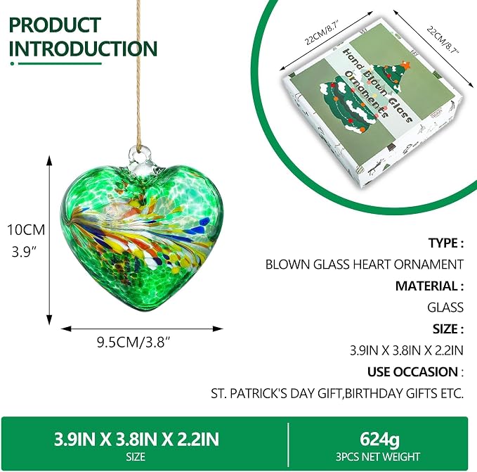 Set of 3 Blown Glass Heart Ornaments Hanging Green Gazing Balls for Outdoor | Hand-Blown Craftsmanship, Easy-Hang Lanyard Design for Indoor & Outdoor Hanging