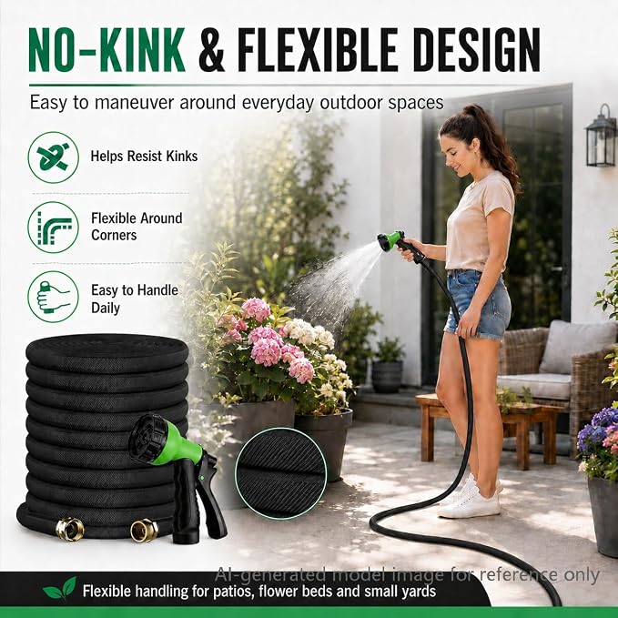 50FT Lightweight Flat Garden Hose for Women & Seniors, Non-Expandable Water Hose with 10-Pattern Spray Nozzle, Easy Storage No-Kink Hose for RV, Patio, Small Backyard, Car Wash & Everyday Watering