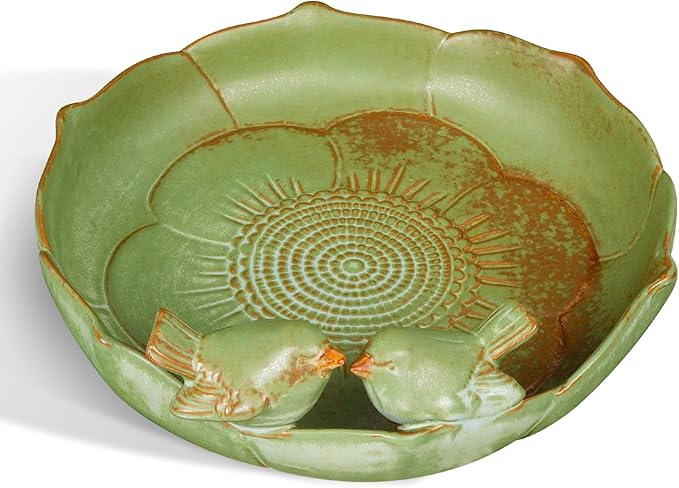 Ceramic Bird Bath for Outdoors, 10 Inch Bird Bath Bowl Only, Heavy Duty Ground Bird Feeders Tray, Durable Bird Feeding Bowl for Yard and Garden, Green