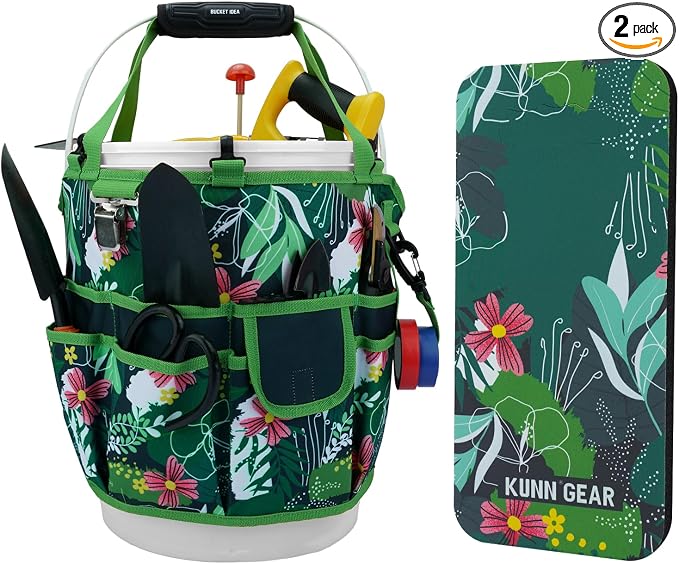 KUNN 5 Gal Garden Bucket Tool Organizer & Kneeling Pad Set, Garden Caddy | 18-Pocket Heavy Duty Garden Caddy, Hangable Handle, Polyester Tool Bag with Grip Handle, Gardening Kneeling Pad for Women