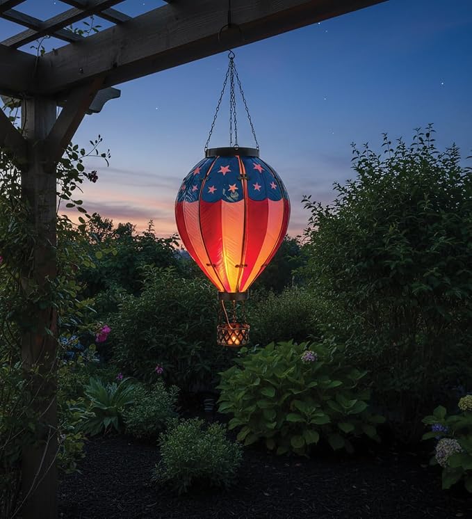 Regal Art & Gift Hot Air Balloon Solar Lantern – Hanging Solar-Powered LED Lights, Waterproof Portable Decorative Outdoor Lamp Made of Metal & Glass for Garden, Patios & Pathway – Americana (X-Large)
