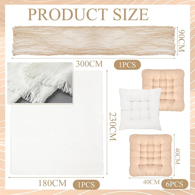 Extra Large Outdoor Picnic Blanket with Table Runner and Floor Pillow Cushion for Picnic Wedding Birthday Baby Shower Backyard Decor (91 x 71'',Brownish Beige,Light Camel, Light Beige,8 Pcs)