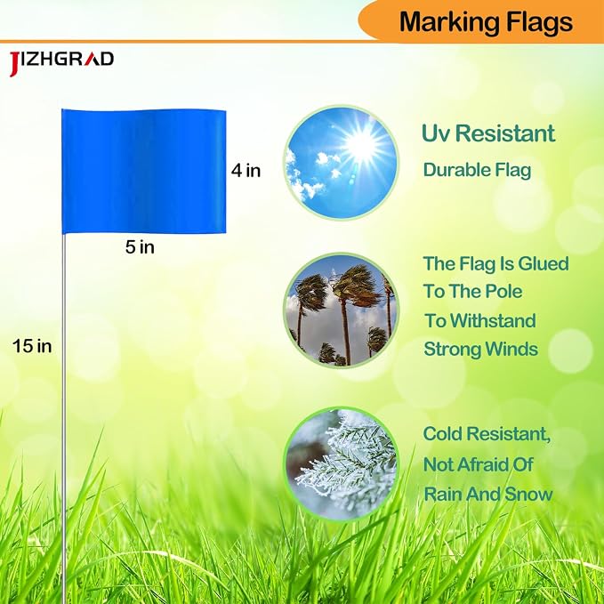 200Pack Blue Marking Flags, JIZHGRAD 15x4x5 Inch Marker Flags Use for Yard & Lawn, Boundary & Dog Training, Survey & Landscape, Sprinkler & Surveyor, Garden & Construction, High Visibility, Sturdy, Versatile, UV & Weather Resistant