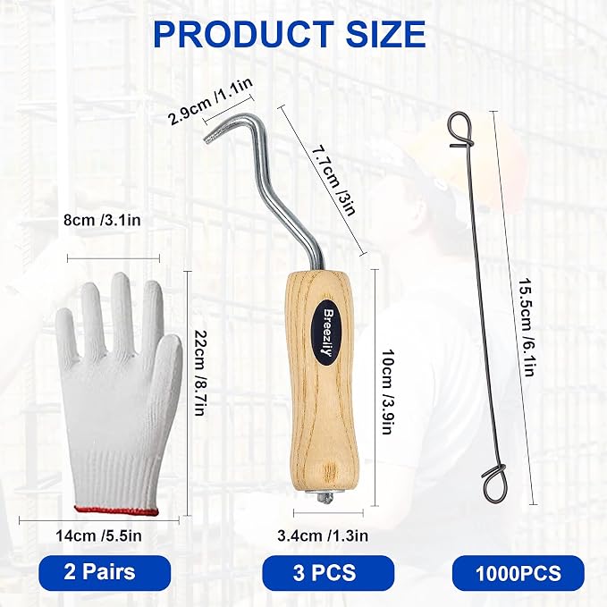 1000Pcs Double Loop Rebar Wire Bar Ties, 6.1" Double Loop, 16 Gauge, Black Steel, 10 Plastic Cable Ties, 3 Wire Tie Twisters, 2 Gloves