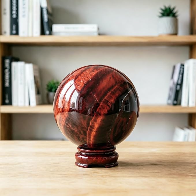 2-2.4 inch Natural Red Tiger Eye Crystal Ball with Stand, Hand Polished Quartz Massage Sphere, Reiki Healing Gemstone Ball, Feng Shui Room Desktop Decorative Rock Ball, Ornament Gift