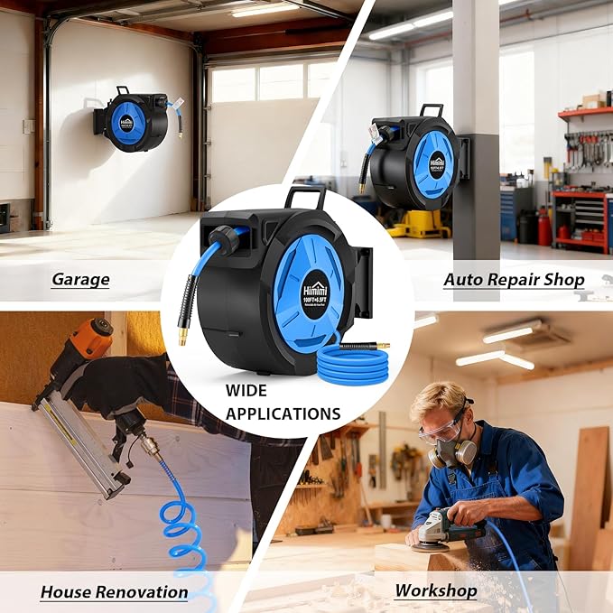 Retractable Air Hose Reel, 3/8" x 100 Ft Hybrid Hose Air Compressor Hose Reel with 6.5 Ft Lead-in Max 300 PSI, Air Hose with Any Length Lock, Automatic Rewind, 180° Swivel Bracket, Quick Coupler