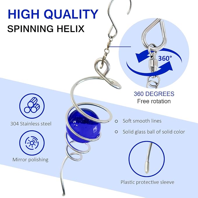 Gazing Ball Spiral Tail,Wind Spinner Tail with Dark Blue Glass Orb,Wind Spinners Stabilizer,Visual Illusion in Spinning Hanging Rotating Art Decor,Indoor Outdoor Garden Decoration-13in