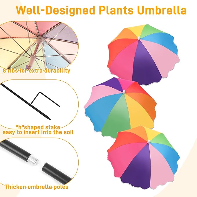 3 Pack Upgraded Plant Umbrellas for Outdoor Plants, 23.6" Garden Plant Shade Umbrella with Adjustable Angle, 40.5" Height Sun Shade for Potted Plants & Garden Beds, Rainbow Color ﻿