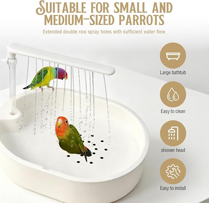 Parrot Bathtub,Bird Shower Parakeet Bath for Cage with Adjustable Water Flow Control Valve, Contains USB and Pump,tarpaulin,for Pet Birds,Cockatiel,Budgie,Suitable for Many Kinds of Birds(Beige)