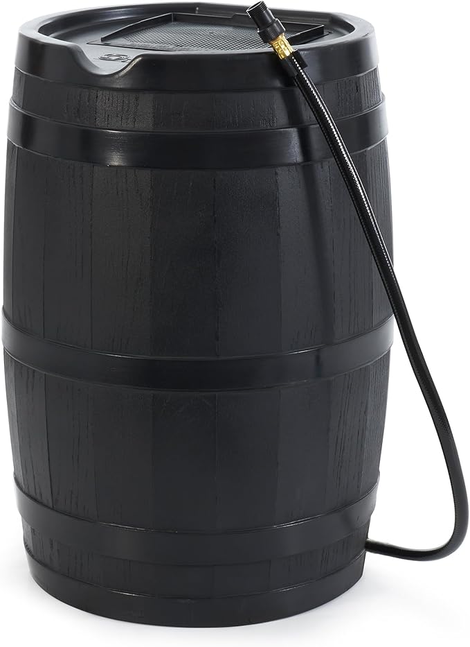 FCMP Outdoor RC45 45-Gallon Rain Barrel, Flat-Back Gutter Downspout Collector, Black - Includes 3.5-ft Hose, Shut-Off Valve & Debris Screen for Garden Rainwater Harvesting