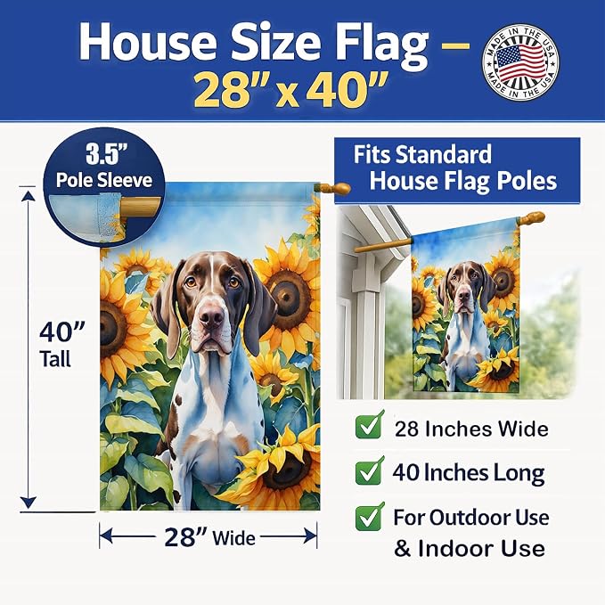 Caroline's Treasures DAC6134CHF Pointer in Sunflowers House Flag Large Porch Sleeve Pole Decorative Outside Yard Banner Artwork Wall Hanging, Polyester, House Size, Multicolor