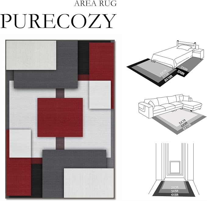 Red and Black Runner Rug 2x6 for Hallway Geometric Mid Century Rugs | Washable Modern Abstract Rug Low Pile Non-Slip Long Carpet for Kitchen Bedroom Doorway Bathroom Laundry