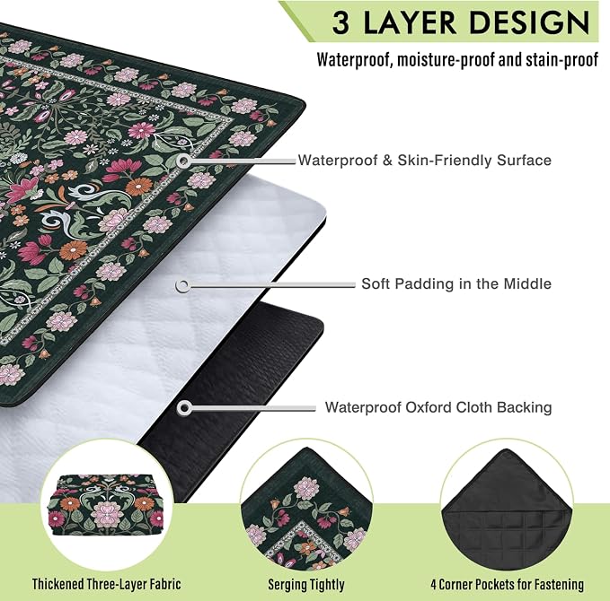 Floral Picnic Blankets Waterproof Foldable, 60″X80″ Packable Picnic Mat Boho Outdoor Blanket for Grass, Large Beach Blanket Sandproof Picnic Accessories for Camping Music Festival Park Lawn Travel