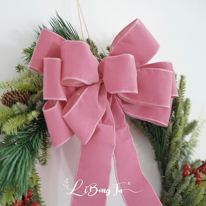 13" Dusty Rose Pre-Tied Velvet Bow For Christmas Tree, Pink Bow For Wreaths, Wedding, Premade Bows with Twist Tie, Tree Toppers Bows for Party Favor, Christmas Home Indoor Outdoor Decor-1 PCs
