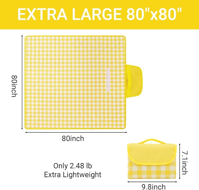 Waterproof Foldable Picnic Blanket Outdoor with Carry Strap,80"x80" Extra Large Beach Blanket Sandproof,Portable Soft Gingham Picnic Mat for Camping Travel Hiking Family Concerts Park(Yellow)