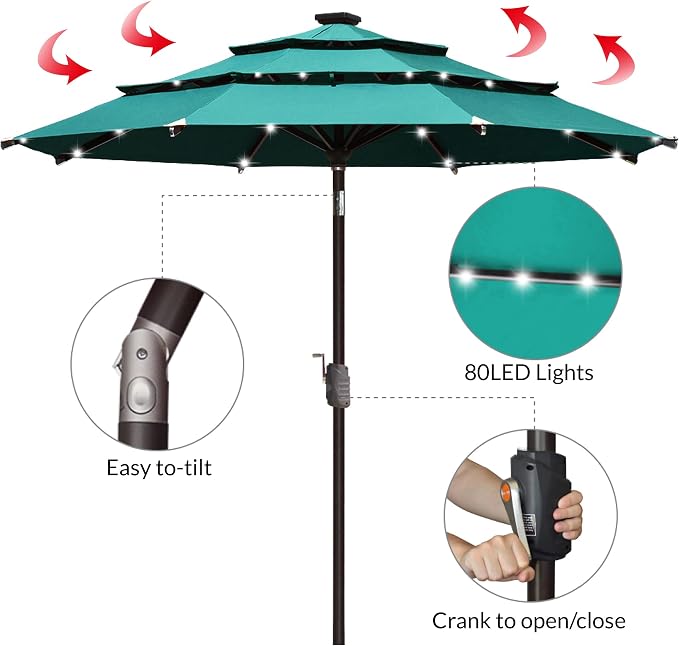 EliteShade USA 10-Year-Non-Fading 9ft 3-Tier Market Patio Umbrella, Commercial Table Umbrella with 80 Solar LED Lights, Crank Open, Windproof & UPF 50+ UV Protection for Garden, Deck, Pool, Backyard, Teal