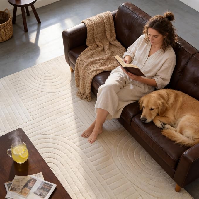 5x7 Solid Beige Area Rugs for Living Room, Geometric Washable Rug | Soft Fluffy Non-Slip Indoor Carpet, Neutral, Boho Modern Floor Rugs for Bedroom, Bedside, Kids Room, Nursery, Entryway