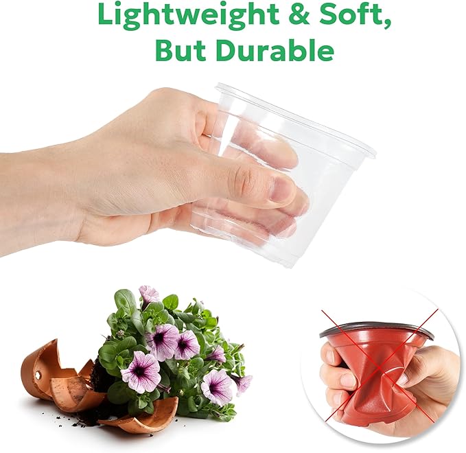Bluepro 30 Packs 5 Inch Reinforced Clear Nursery Pots with Drainage Holes, Transparent Plastic Plant Pot Seedling Planter for Vegetable Propagation, Root Cutting, Seed Starting