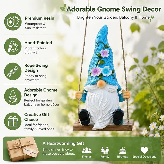 Hanging Garden Gnomes Outdoor Decor, Funny Gnome on Swing Figurine for Yard Tree, Miniature Whimsical Fairy Garden Ornament & Spring Gifts for Women, Resin Sculpture