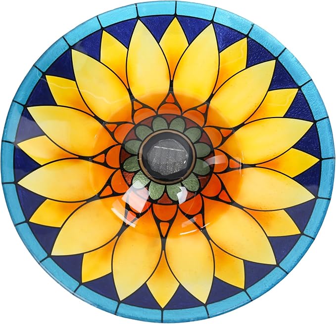 MUMTOP Outdoor Bird Bath, Large Glass Bird Baths Bowl with Metal Stand, Solar Sunflower Birdbaths for Outside Garden Lawn Yard Decor, 18”Dia 21.65”Height