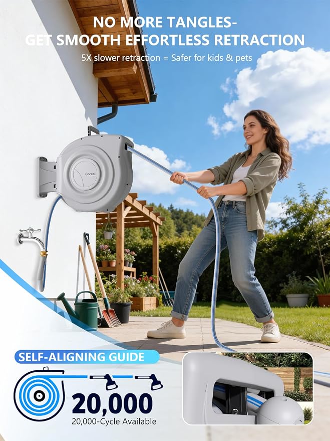 Retractable Garden Hose Reel 1/2 in x 65 ft Heavy Duty Automatic Water Hose Reel with 10-Function Sprayer Nozzle Kink-Free Auto Rewind Any-Length Lock 180° Swivel UV Resistant - Light Gray