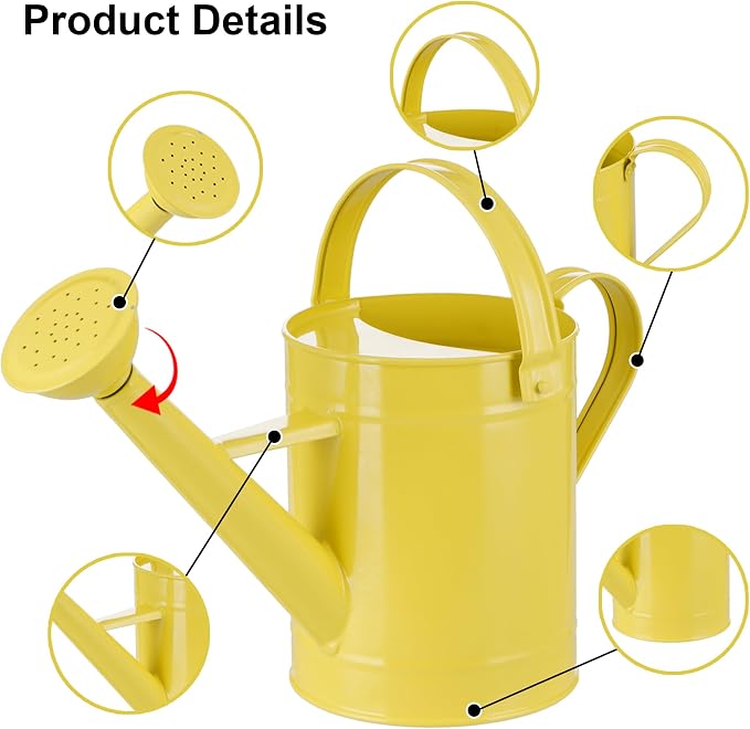 DUSVALLY Yellow Metal Watering Can for Indoor and Outdoor Plants, 55oz Decorative Garden Watering Can with Removable Sprinkler Spout, Small Farmhouse Plant Waterer for Houseplants, Patio, Flowers