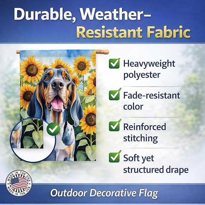 Caroline's Treasures DAC6007CHF American English Coonhound in Sunflowers House Flag Large Porch Sleeve Pole Decorative Outside Yard Banner Artwork Wall Hanging, Polyester, House Size, Multicolor