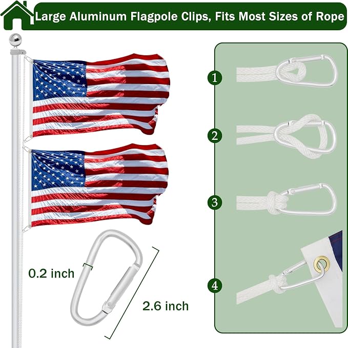 Flag Pole Pulley and Rope kit for 2" to 2.6" Diameter Flag Poles, 50FT Rope, 3.5" Flag Pole Topper, Cast Aluminum Flag Pole Truck, Metal Snap Clips and Cleat(Silver)
