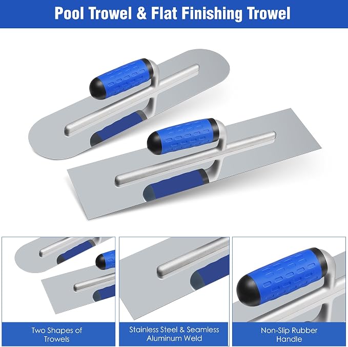 16" Concrete Hand Tools Set – 16" x 3-1/2" Widened Magnesium Float, 16" x 4" Stainless Steel Flat Concrete Finishing Trowel and Pool Trowel, Storage Bag for Slab, Patio, Sidewalk Finishing