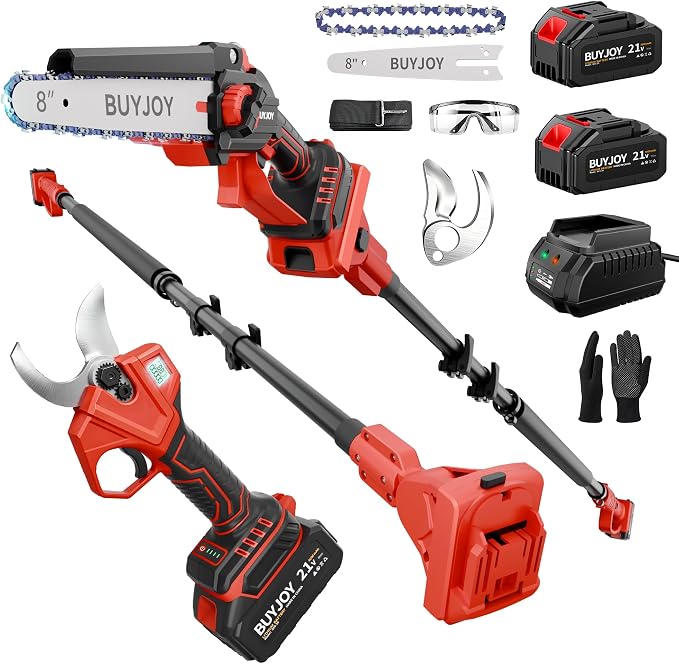 4-In-1 Electric Pruning Shears & Pole Saw Combo, 8 Inch Mini Chainsaw Cordless with 2×4.0 Ah Batteries, Extendable Tree Trimmer, 4 Modes Adjustable Branch Cutter for Garden Trimming (Red)