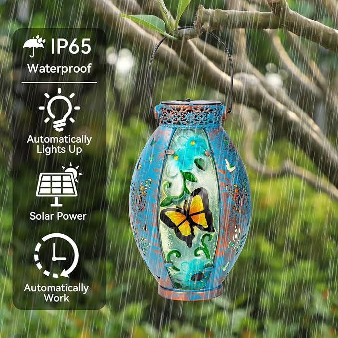Butterfly Hanging Solar Lantern Outdoor Garden Decor, Butterfly Lantern Memorial Gardening Gifts for Mom Grandma, Solar Lights for Outside Waterproof Table Decor