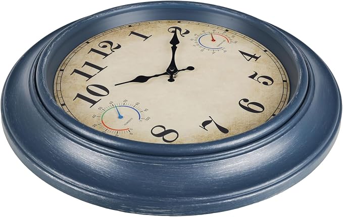 18 Inch Large Outdoor Clock with Thermometer & Hygrometer, Waterproof Coastal Indoor Outside Wall Clock for Patio, Pool, Garden, Backyard, Farmhouse Decor, Retro Blue